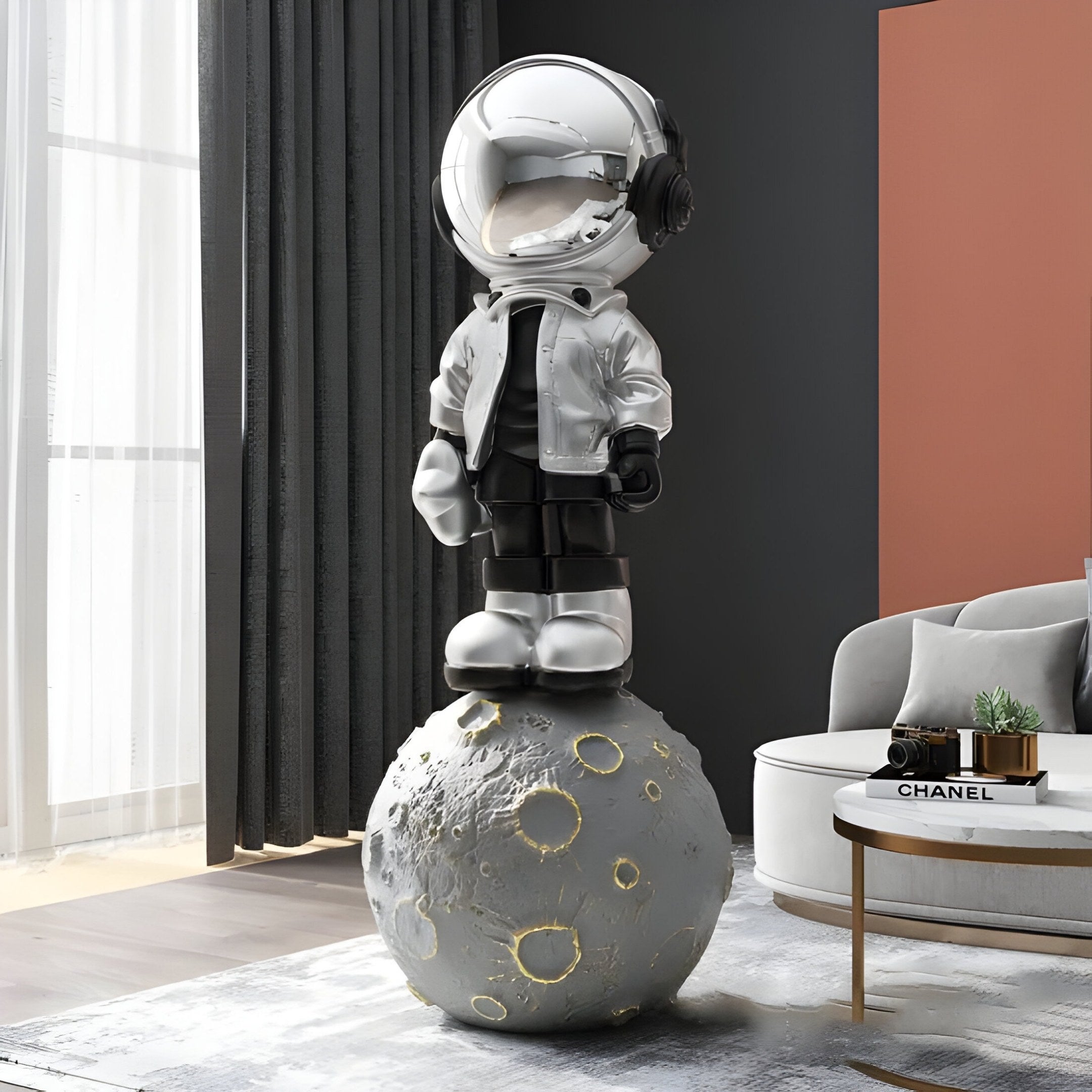 Große Lunar Silber Astronaut Beats On Moon Skulptur - 140cm