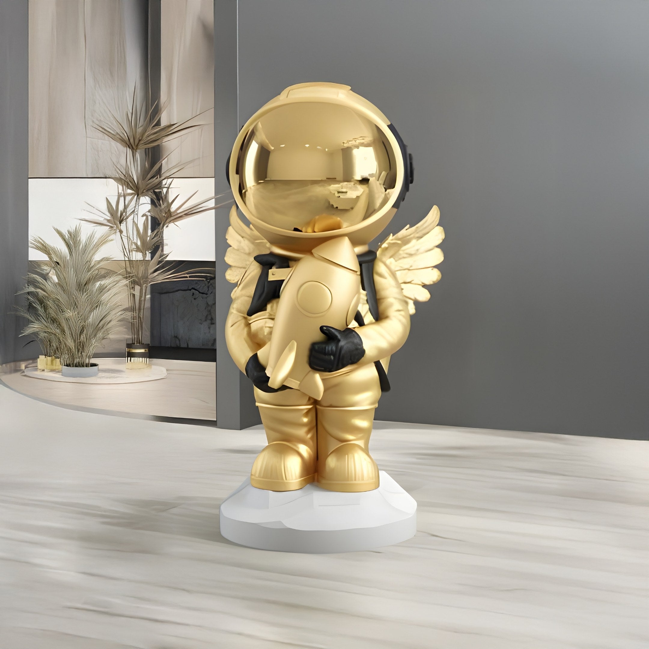 Kleine himmlische goldene Astronauten-Engel-Raketen-Skulptur - 75 cm